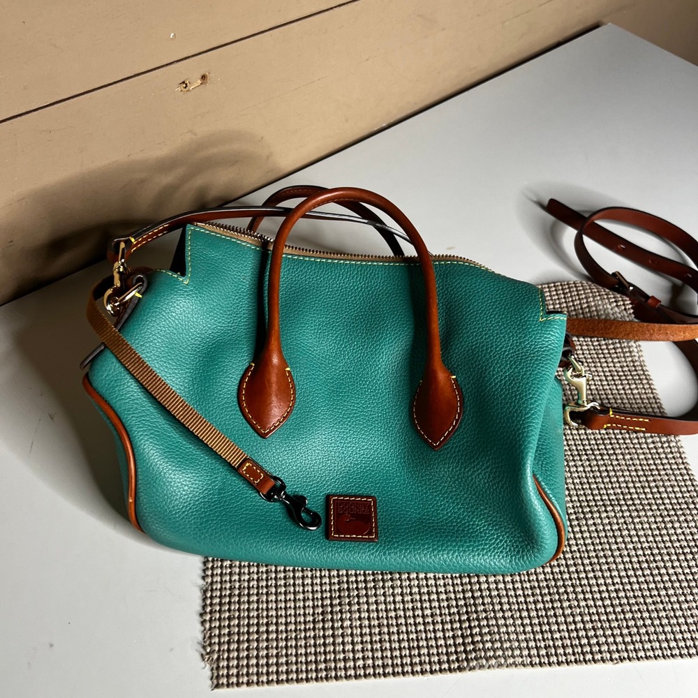 Dooney & Bourke Teal Pebbled Leather Satchel Crossbody Bag Brown Trim